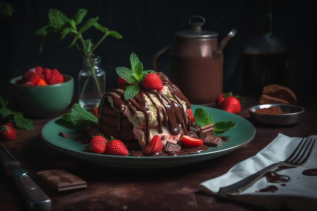 A plate of chocolate covered strawberry ice cream with chocolate chips and mint leaves on the side.