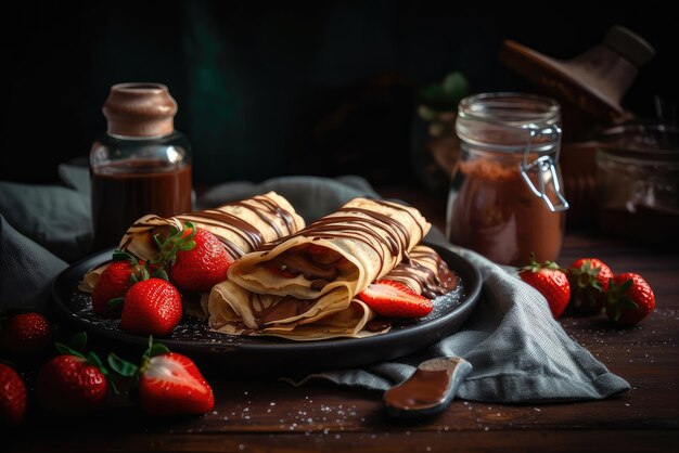 A plate of chocolate crepes with strawberries on it