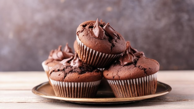 A plate of chocolate cupcakes on a table