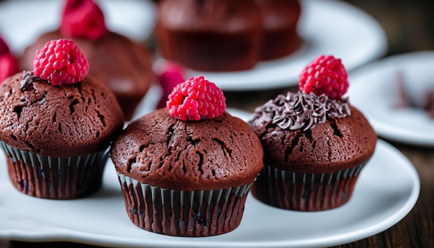 A plate of chocolate cupcakes with raspberries on top