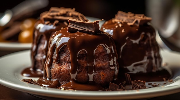 A plate of chocolate desserts with chocolate on top