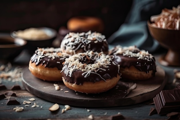 A plate of chocolate donuts with coconut flakes on it