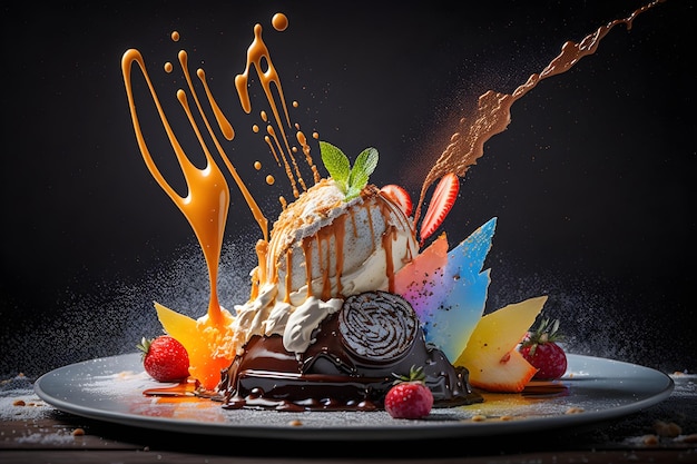 A plate of chocolate ice cream with a chocolate sauce and raspberry sauce.