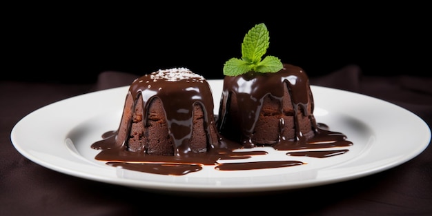 A plate of chocolate lava cakes with mint leaves on the side