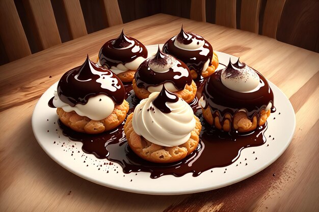 A plate of chocolate and meringue cookies with chocolate icing on top.