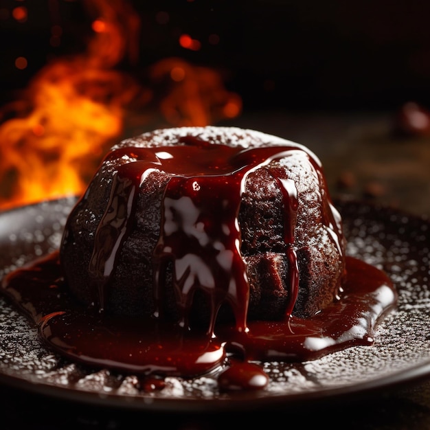 A plate of chocolate pudding with a red sauce drizzled over it.