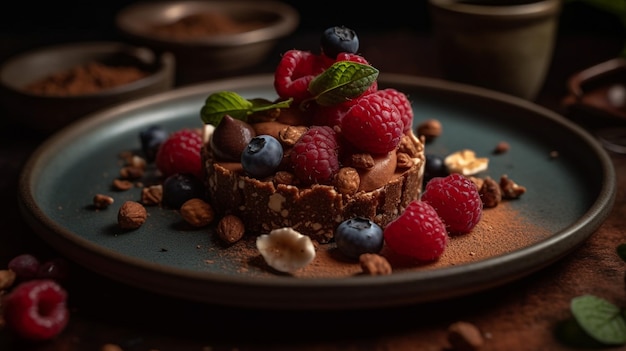 A plate of chocolate and raspberry dessert with nuts and berries