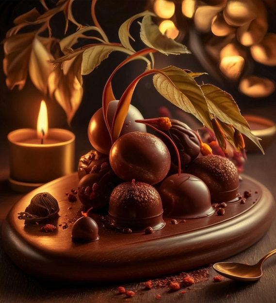 a plate of chocolates and chocolates with a candle in the background