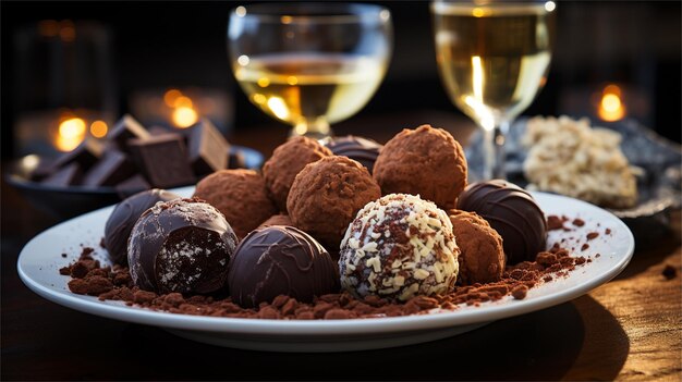 a plate of chocolates and chocolates with wine glasses in the background