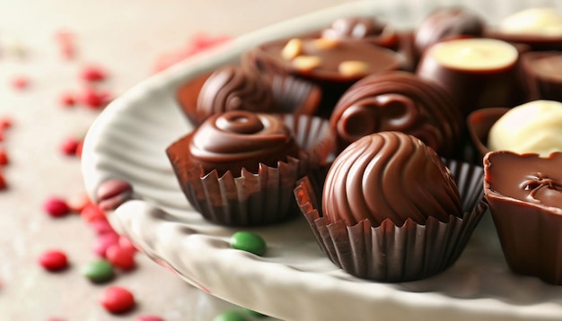 A plate of chocolates with green and red candies on it.