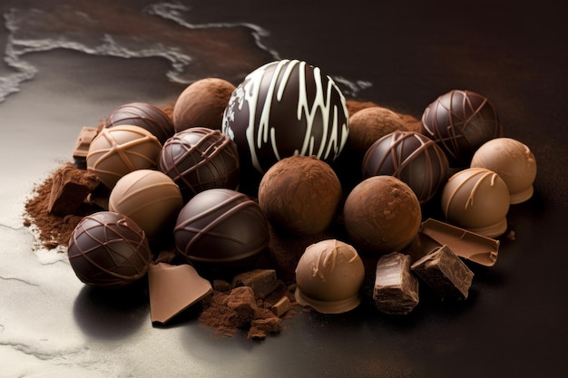 A plate of chocolates with one of them being made by chocolate.