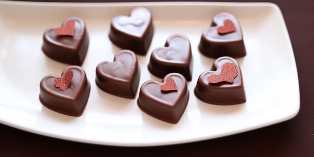 A plate of chocolates with a red heart on the top.