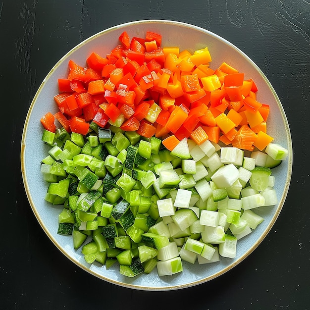 a plate of chopped vegetables including carrots and celery