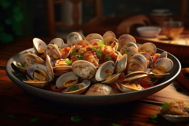 a plate of clams in padang sauce