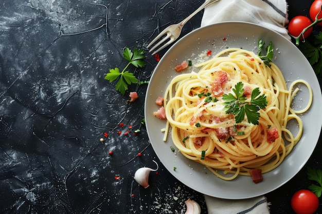 Plate of Classic Spaghetti Carbonara with Pancetta Delicious Meal with Copy Space for Text