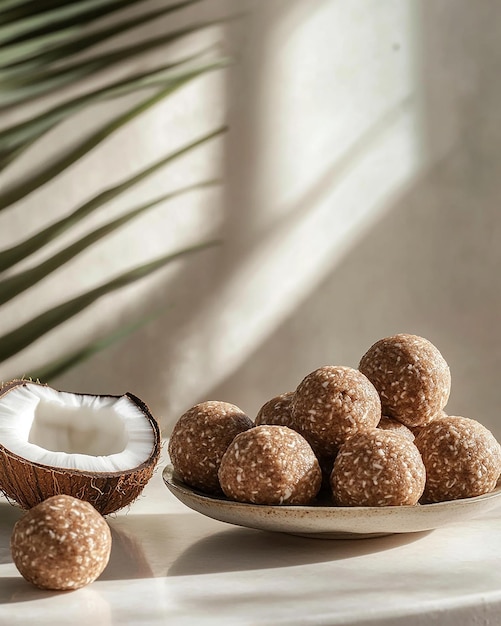 Photo a plate of coconuts with coconuts on it