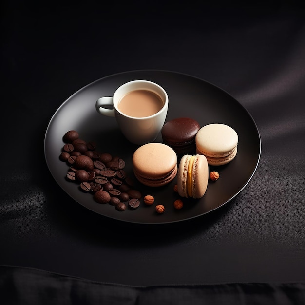 A plate of coffee, macaroons, and coffee beans with a cup of coffee.