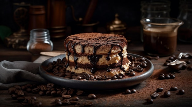 A plate of coffee and a stack of chocolate macaroons