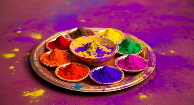 Photo a plate of colored powders on a pink background