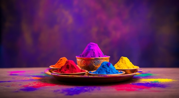 Photo a plate of colored powders on a pink background