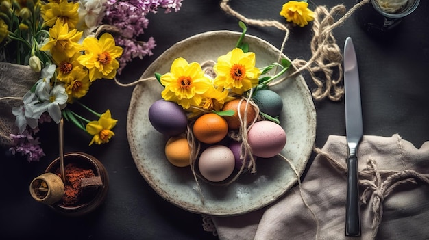 A plate of colorful easter eggs with purple flowers on a table.