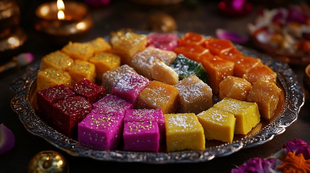 a plate of colorful food including orange and purple candies