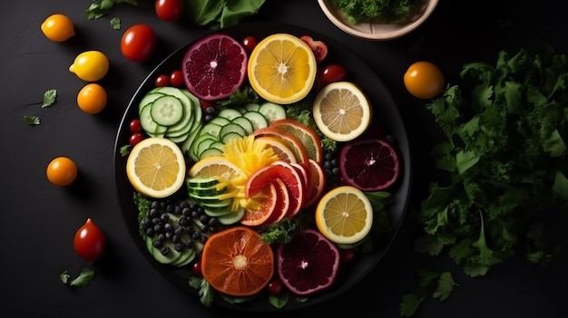 A plate of colorful fruits and vegetables with a black background.