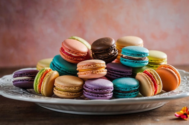 a plate of colorful macaroni and cheesecakes with a purple background