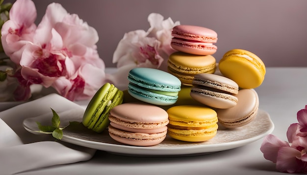 a plate of colorful macaroni and cheesecakes with a white cloth