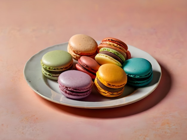 Photo a plate of colorful macarons with a pink background