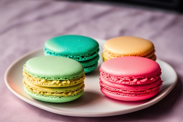 A plate of colorful macaroons on a table