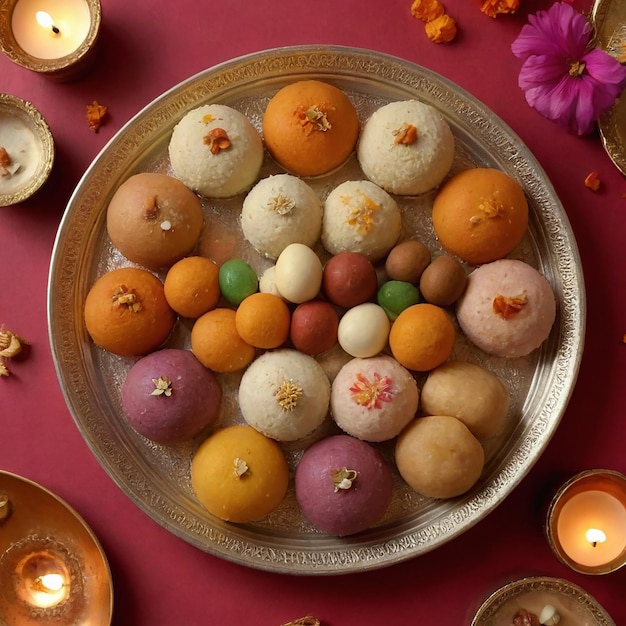 Photo plate of colorful treats with a candle in the middle