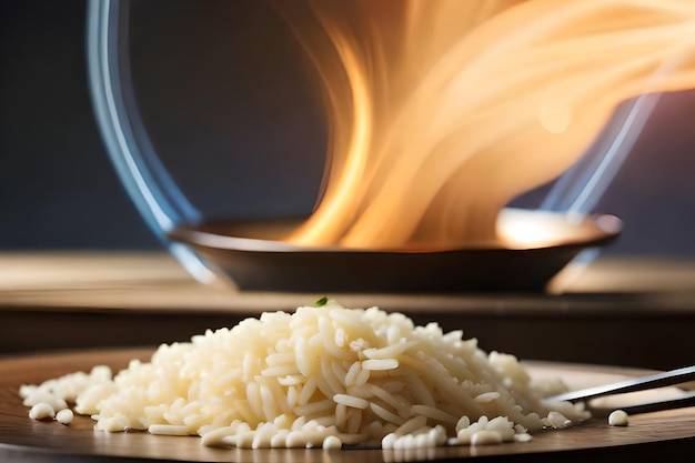 a plate of cooked rice with a spoon of rice and a bowl of noodles.