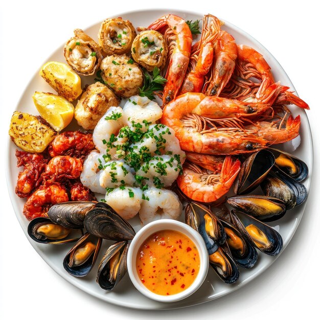 Photo a plate of cooked shrimp mussels and scallops with lemon and sauce