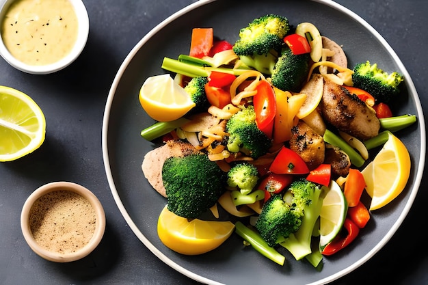 A plate of cooked vegetables and chicken with sauce and lemon wedges