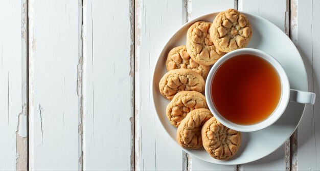 Photo a plate of cookies and a cup of tea with a tea in the background