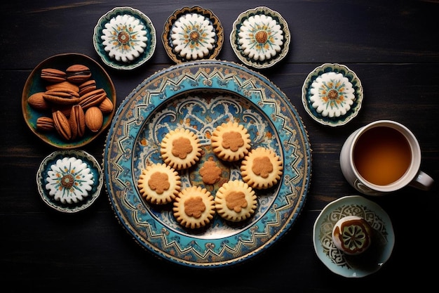 a plate of cookies and cups of tea on a table