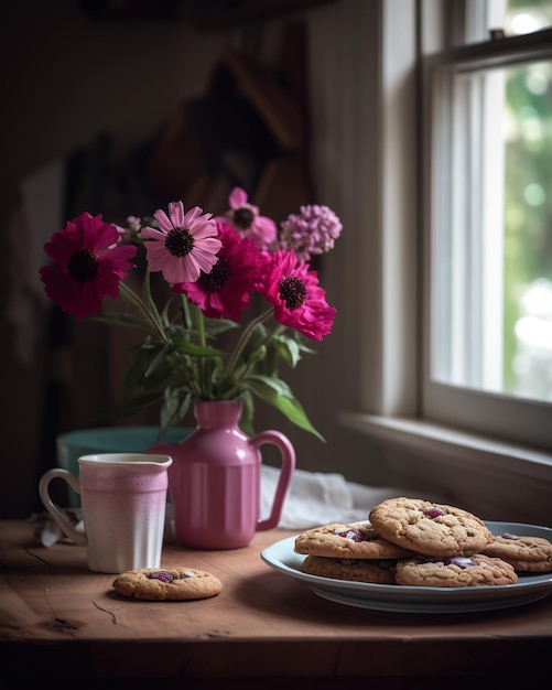 A plate of cookies and a pink mug of coffee sit on a table with a pink vase of flowers.