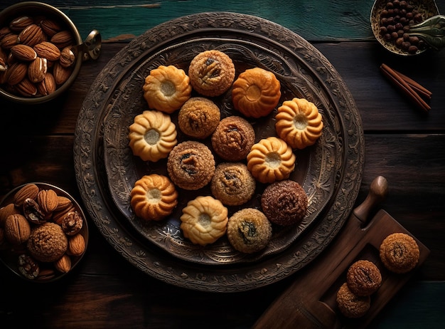 Photo a plate of cookies with a bowl of nuts on it