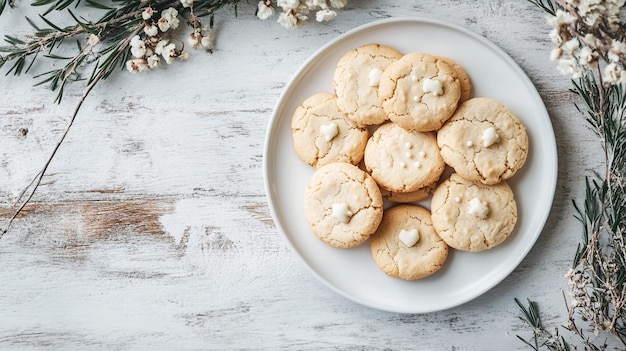 Photo a plate of cookies with a bunch of white flowers in the background