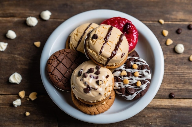 Photo a plate of cookies with chocolate and vanilla ice cream on it