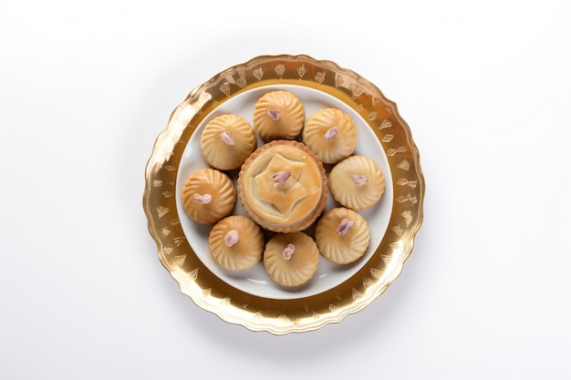 A plate of cookies with a pink flower on the top.