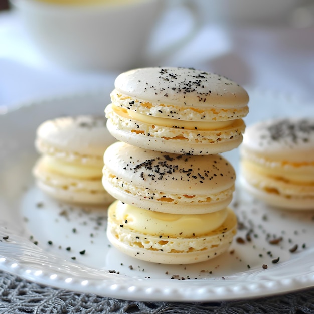 a plate of cookies with a white plate with a black sprinkles on it