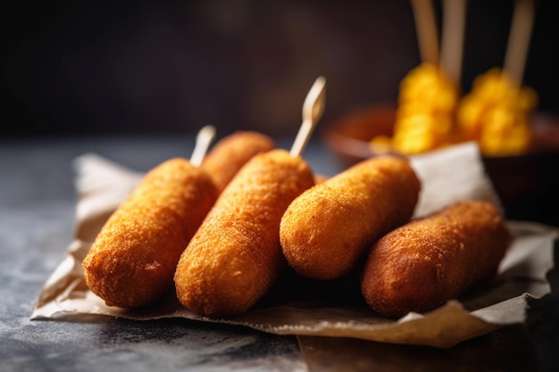 A plate of corn dogs with corn on the cob