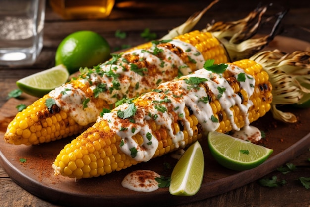 a plate of corn with a lime wedge on the side