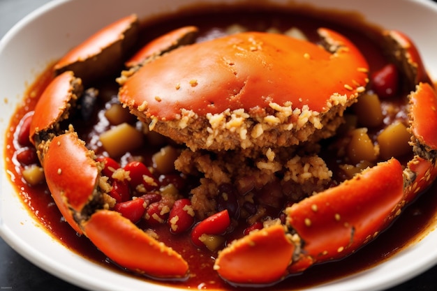 A plate of crab with a red sauce and the word crab on it.