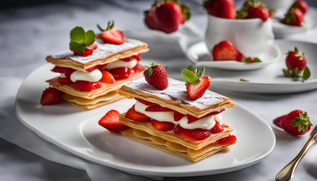 a plate of crackers with strawberries and cream on it