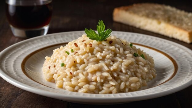 A plate of creamy risotto garnished with herbs and pine nuts on a rustic table