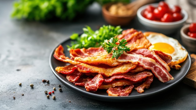 Photo plate of crispy bacon strips with a fried egg garnished with fresh herbs served on a dark stone table