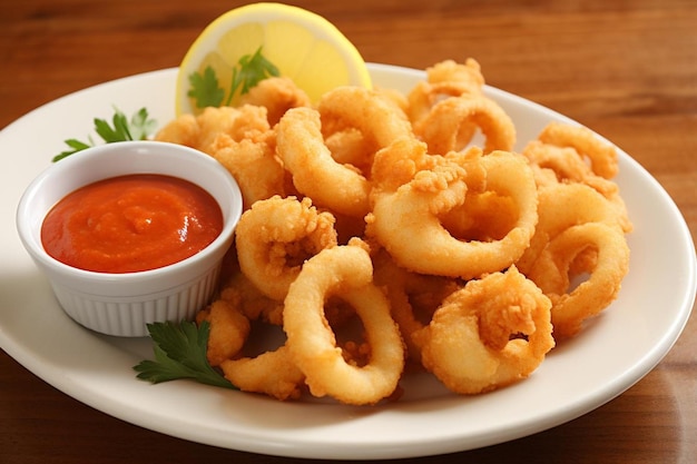 A plate of crispy calamari with marinara sauc Seafood Photos 985jpg